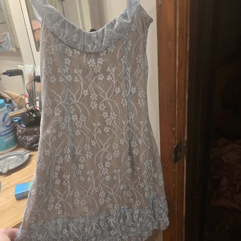 Edikted Light Blue Off-Shoulder Lace Mini Dress - Picture 8 of 10